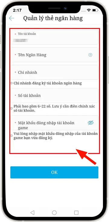 Bước 4: Nhập đầy đủ thông tin ngân hàng mới » nhập Mật khẩu đăng nhập » Ấn OK